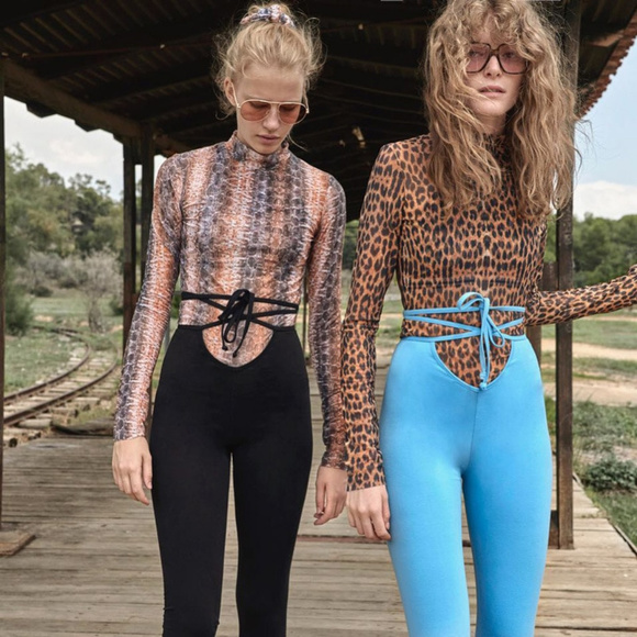 Blue Retro Tie Strap High Waist Leggings - Picture 4 of 7